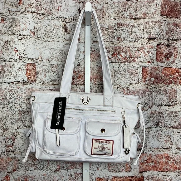 NWT True Religion White Multi Pocket Denim Shoulder Bag - Picture 1 of 13